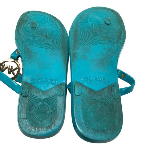 Michael Kors Teal Blue Gold Logo Thongs Sandals Flip Flops Shoes Flats sz 6 - Picture 14 of 16